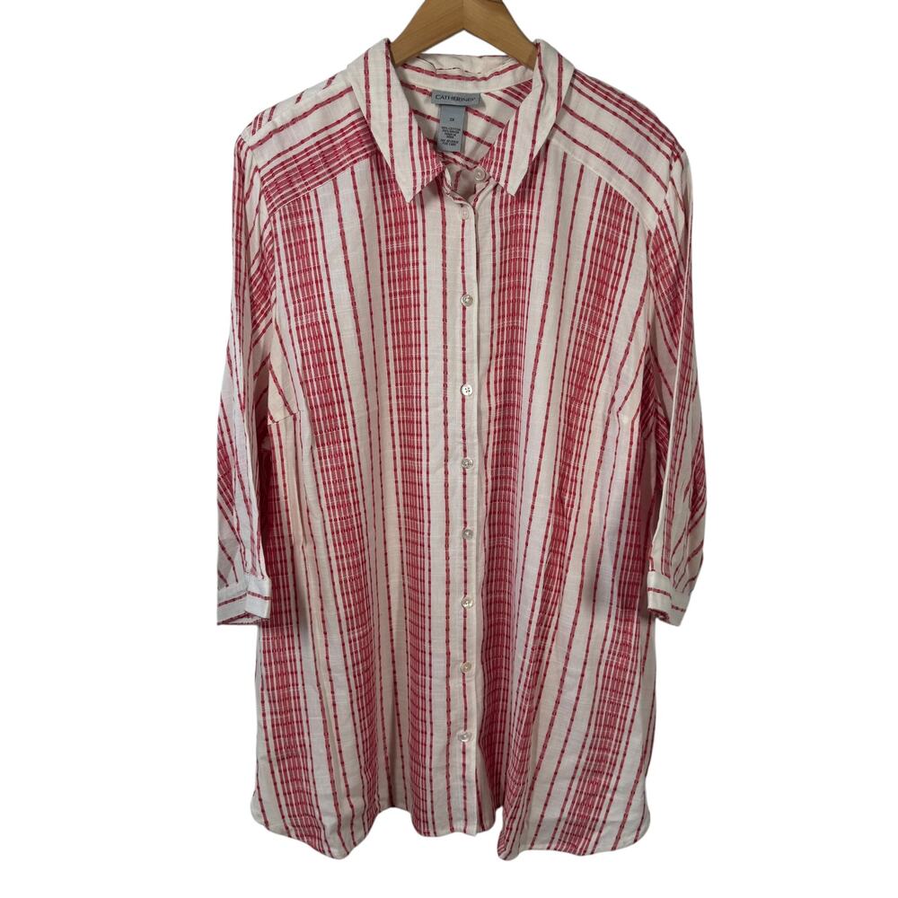 Catherines Top Women 2X Plus Size Red White Stripe Cotton‎ Button Down Coastal